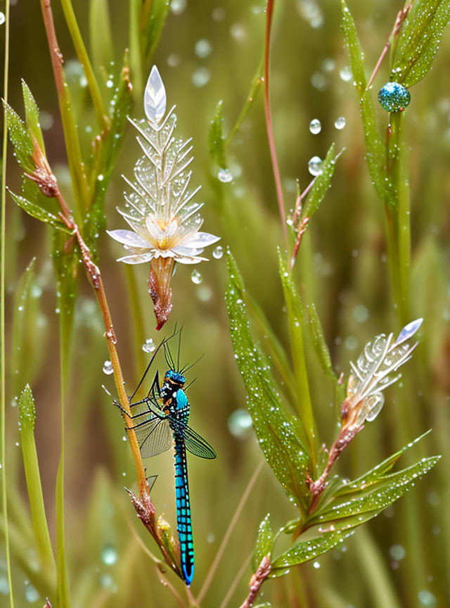 Dragonfly on green stem surrounded by raindrops and white flowers in serene meadow