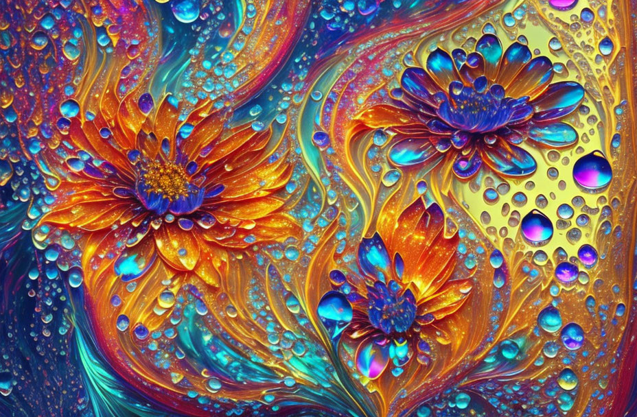 Vivid Abstract Image with Flower-Like Patterns and Jewel-Like Droplets