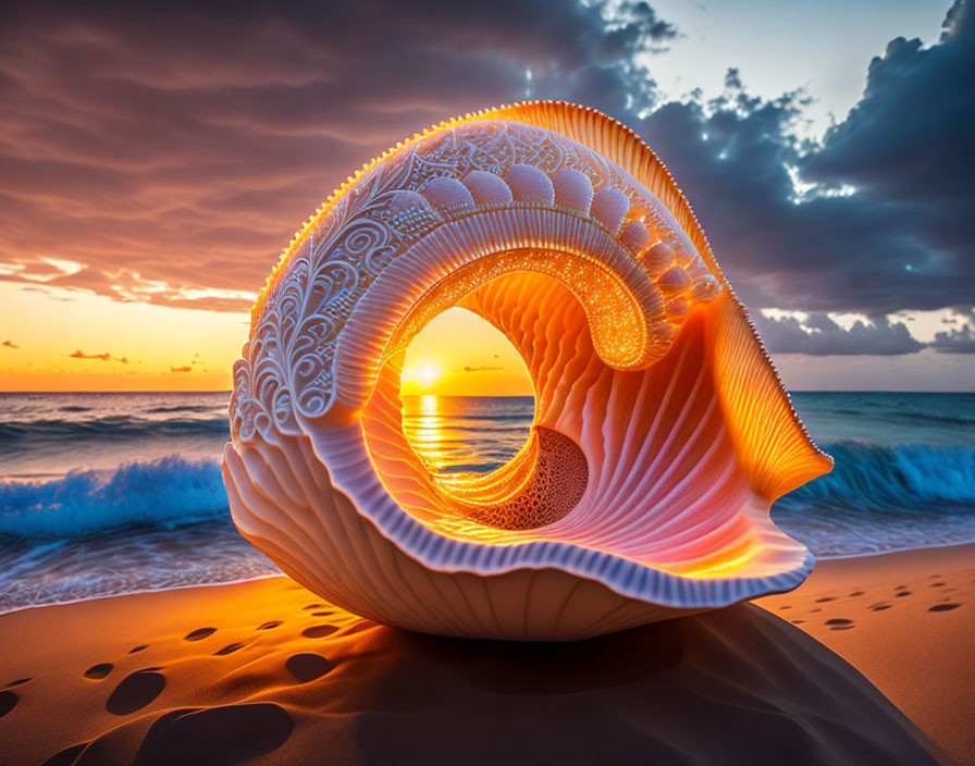 Detailed seashell on beach at sunset with ocean and warm sky.