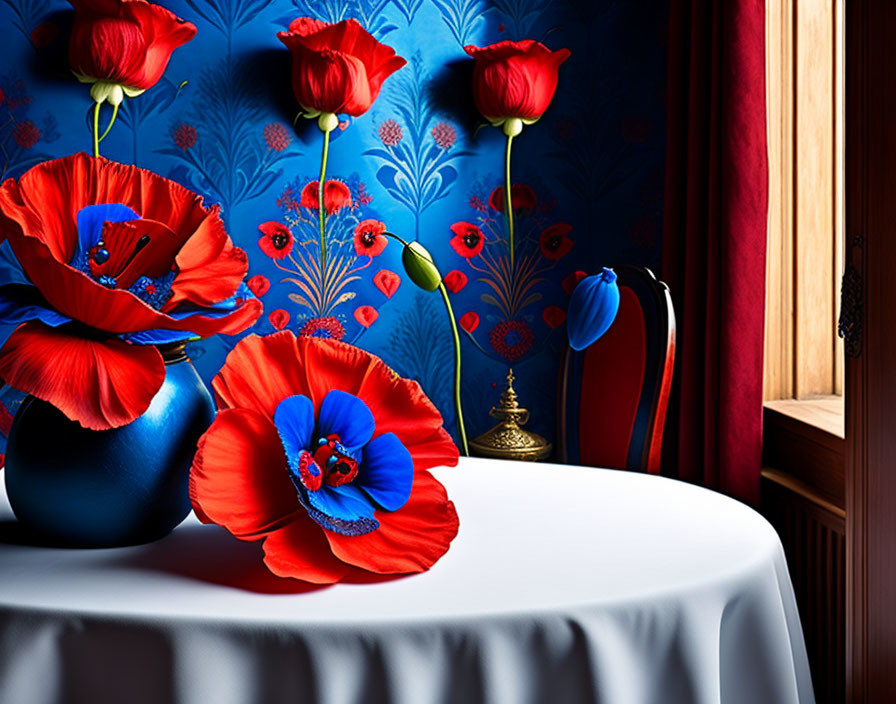 Colorful Red Poppies in Vase on White Table with Blue Wallpaper and Red Curtains