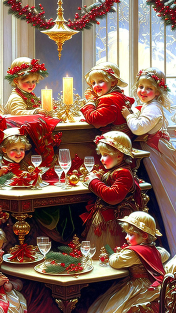 Festive Children Around Holiday Table with Decorations