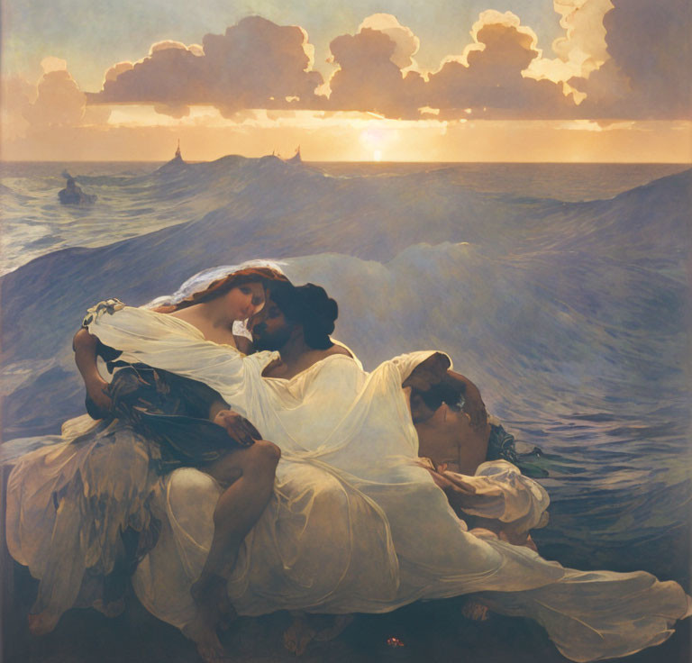 Painting of two people adrift at sea in golden sunset light