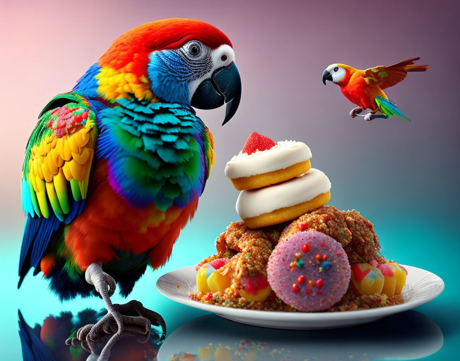 Colorful Macaw with Sweets and Flying Parrot on Gradient Background