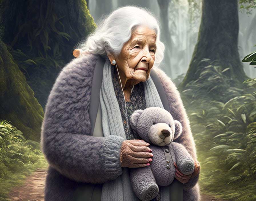 Elderly lady with white hair holding teddy bear in misty forest