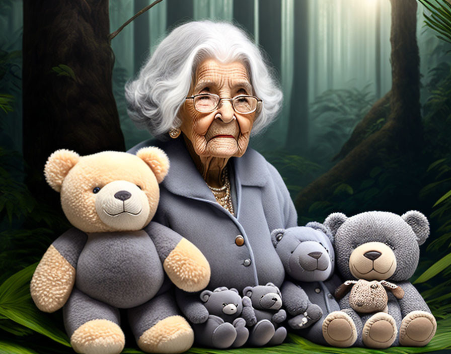 Elderly woman with white hair and glasses surrounded by teddy bears in forest setting