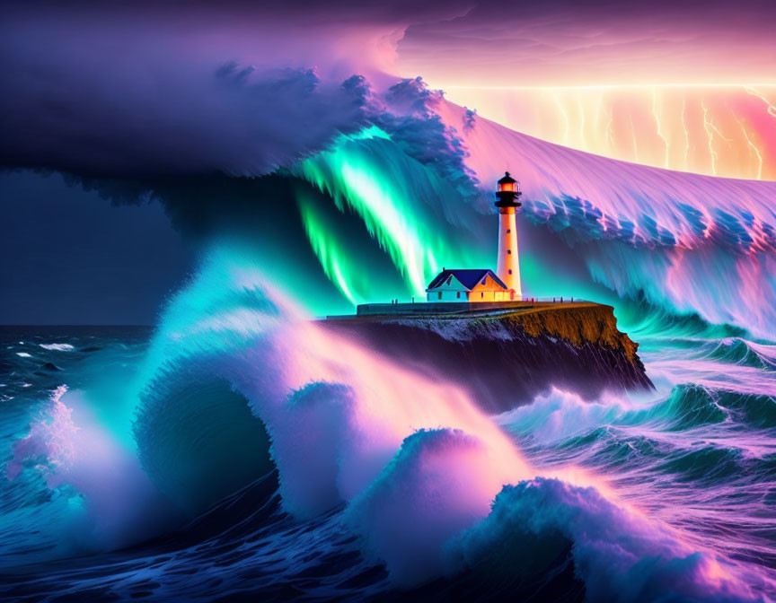 Vibrant surreal lighthouse scene with crashing waves and stormy sky