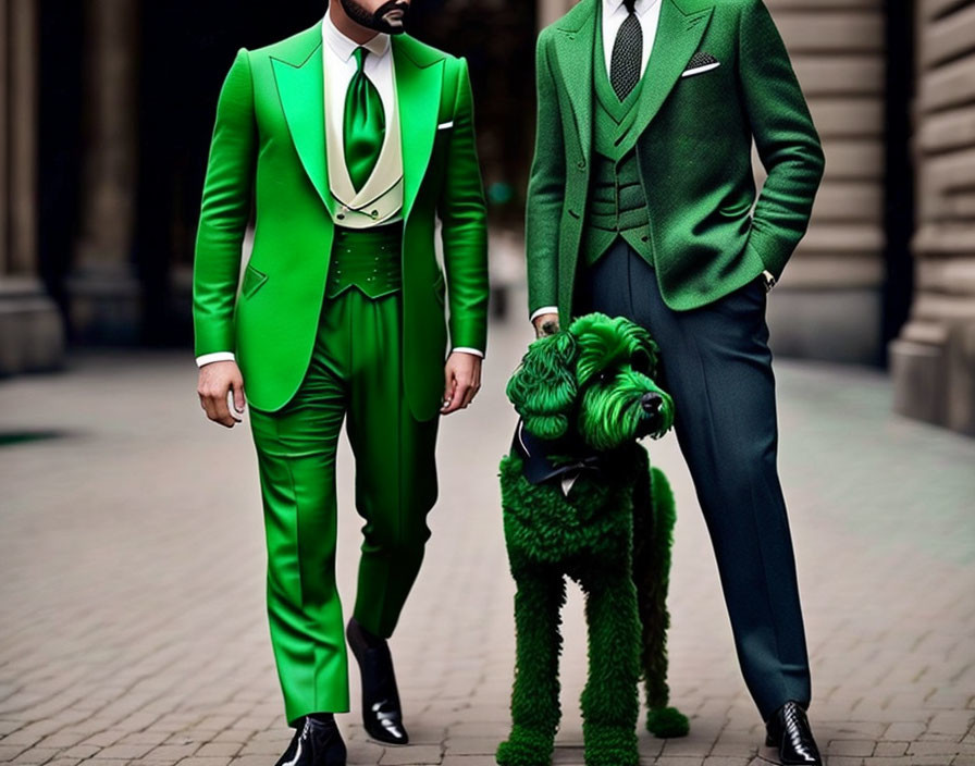 Men in Stylish Green Suits with Coordinating Green Poodle