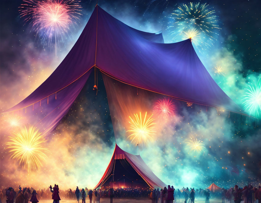 Colorful fireworks illuminate dark circus tent at night