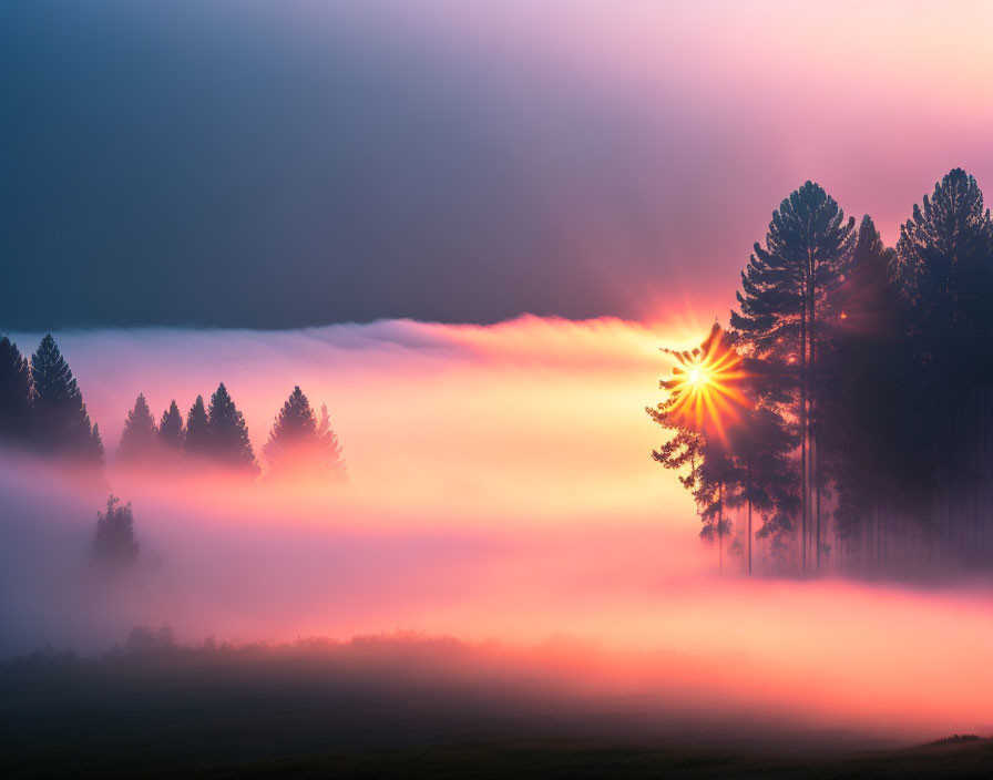 Colorful Sunrise Over Misty Forest Silhouette