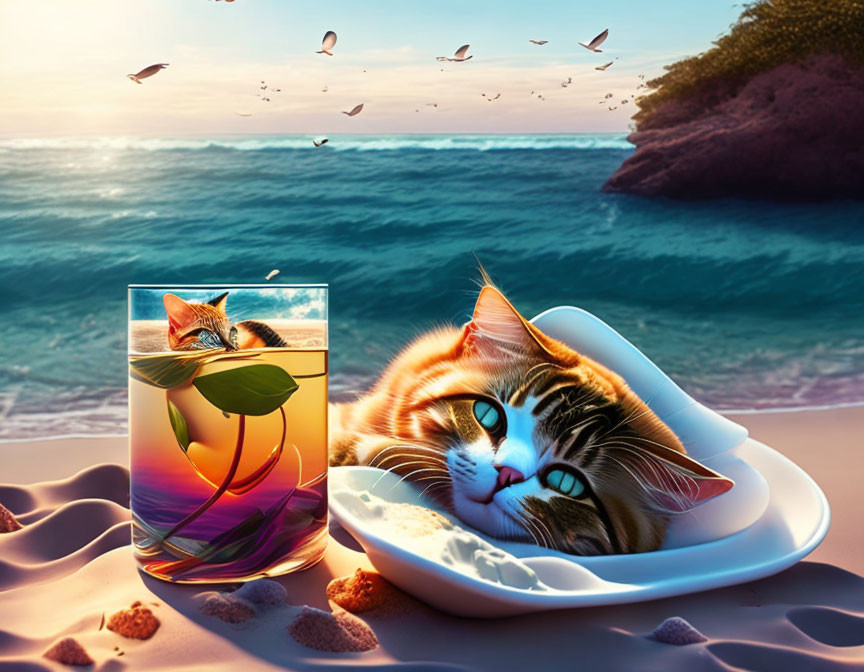 Two cats with sailor hats on a beach-themed plate and drink glass.