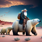 Elderly man on polar bear with cub in surreal desert landscape