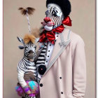 Clown in zebra makeup with child in zebra costume holding hands