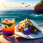 Two cats with sailor hats on a beach-themed plate and drink glass.