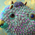 Whimsical creatures with fluffy bodies and big eyes on textured background