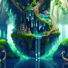 Fantasy forest with floating islands, waterfalls, exotic flora, and luminescent wildlife