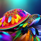 Colorful Turtle with Intricate Shell Patterns and Feathers on Gradient Background