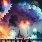 Colorful fireworks illuminate harbor at twilight