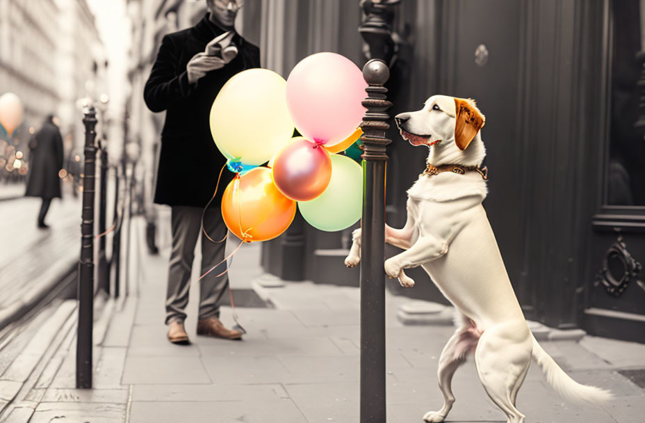 Dog holding colorful balloons on city street, man on smartphone in background