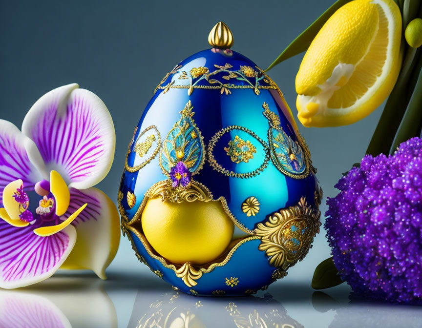 Blue Fabergé Egg with Gold Patterns, Purple & Yellow Flowers, Glittering Sphere