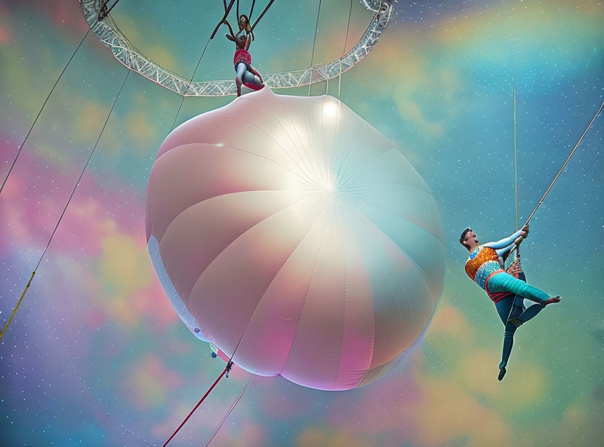 Aerial Silk and Trapeze Performers with Cosmic Backdrop