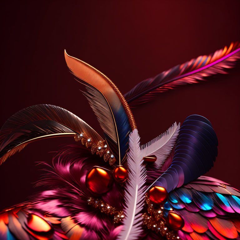 Colorful Stylized Feathers and Beads on Deep Red Background