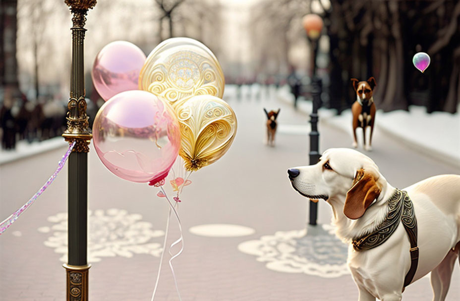 Beagle in harness with vibrant balloons on city walkway