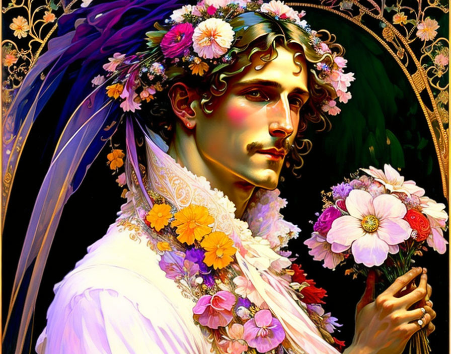 Detailed Portrait Featuring Lavish Floral Headdress and Vibrant Colors