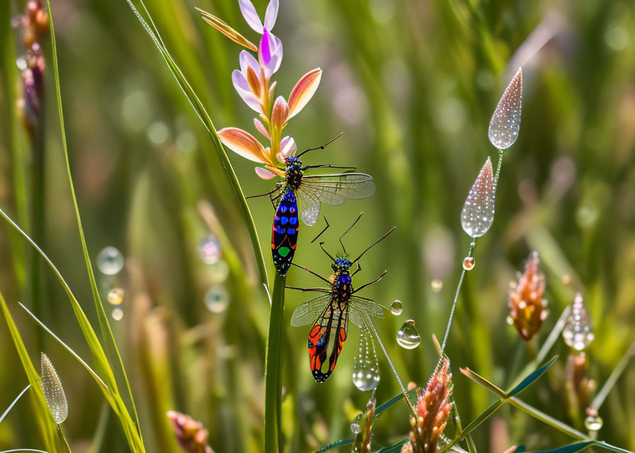 Iridescent insects on plant stem with morning dew and blurred green background