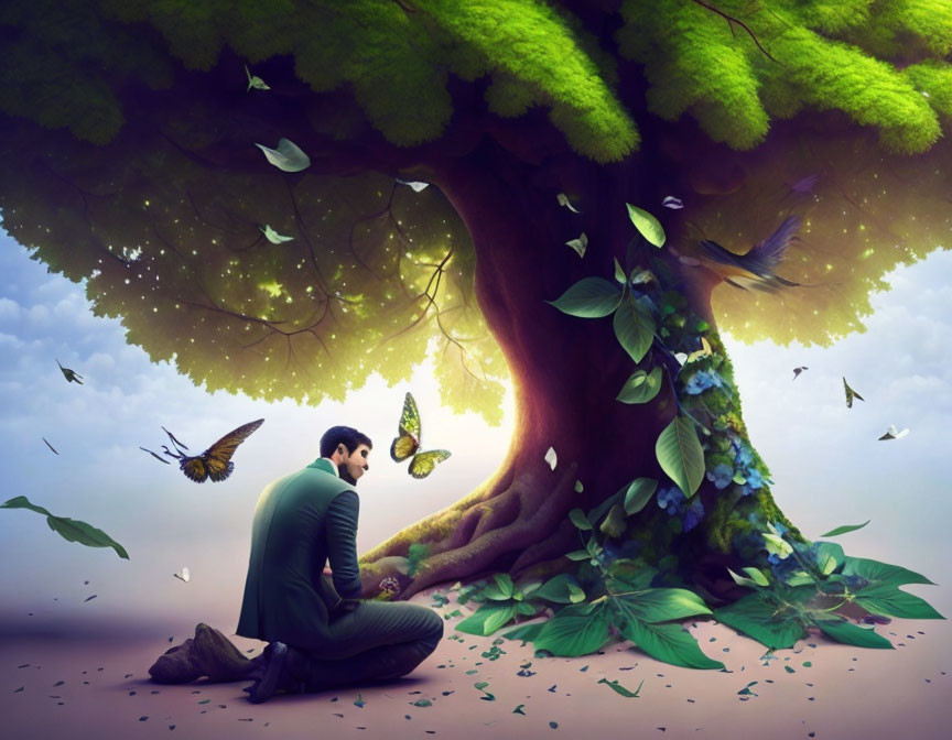 Person kneeling under vibrant tree with butterflies and soft light