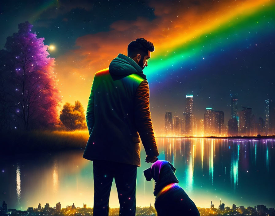 Man and dog admire aurora over cityscape and waterfront at night