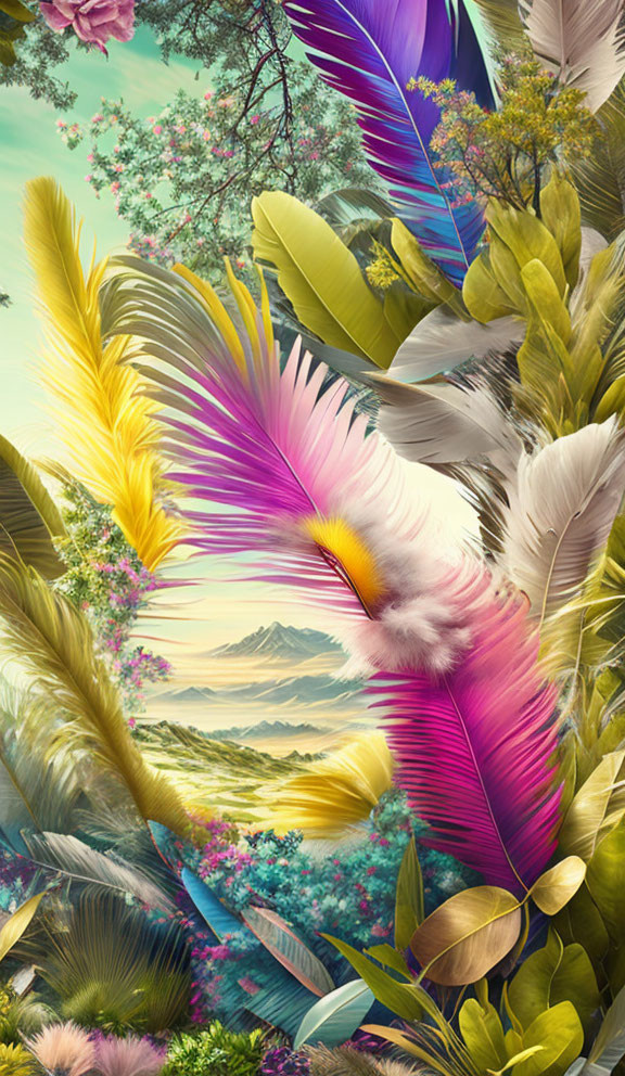 Colorful feathers on serene nature backdrop with mountains