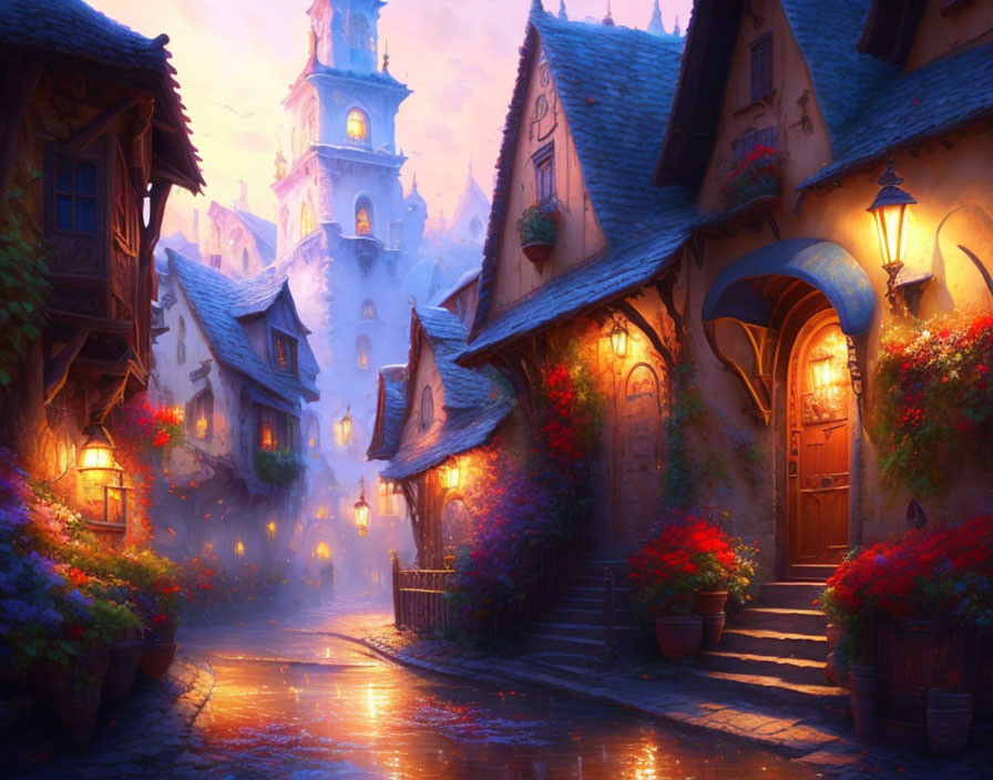 Cobblestoned village at twilight with glowing lanterns and castle in misty background