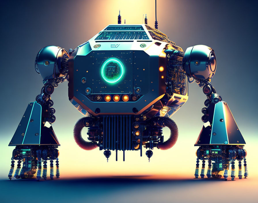 Futuristic hexagonal robot with glowing elements on gradient backdrop