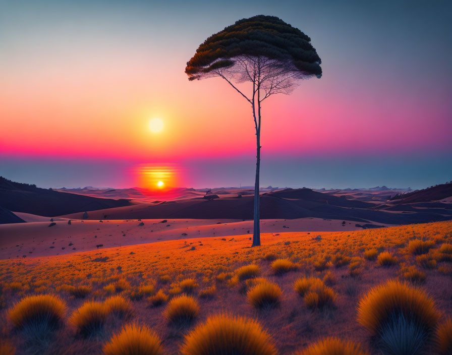 Lone tree in vibrant sunset with dunes and golden plants