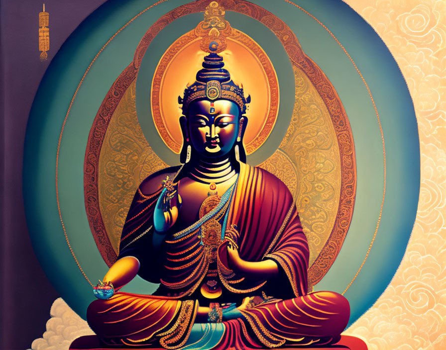 Golden Buddha in Meditation with Elaborate Robes and Jewelry on Decorative Background