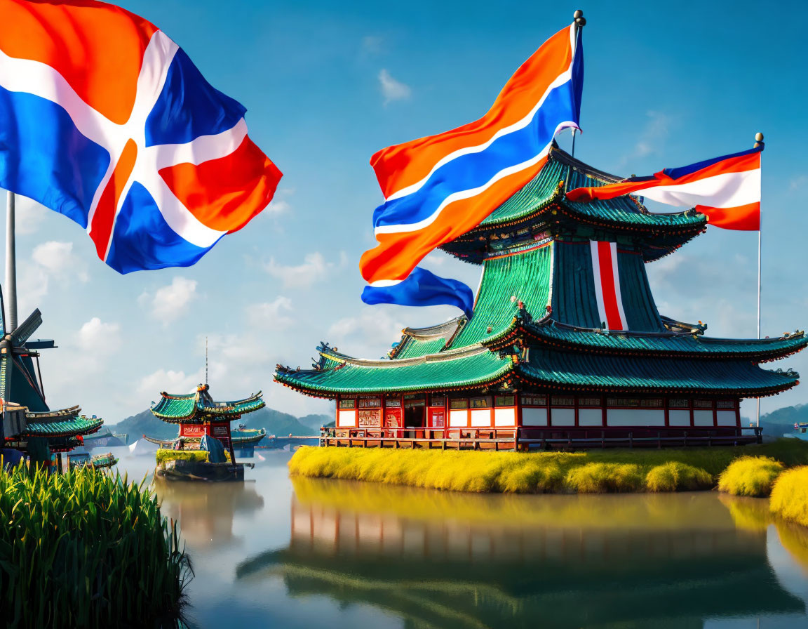 East Asian pagoda by tranquil lake with British and Armenian flags.