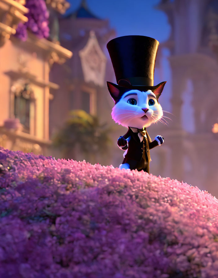 White Cat in Top Hat and Tuxedo Surrounded by Pink Flowers and Ornate Buildings