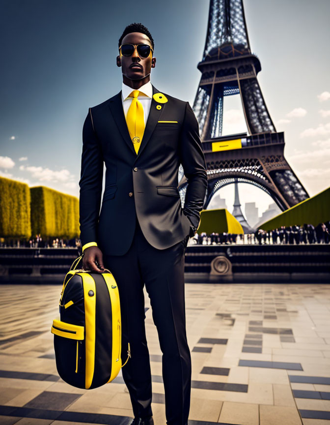 Stylish person in black suit with yellow tie at Eiffel Tower