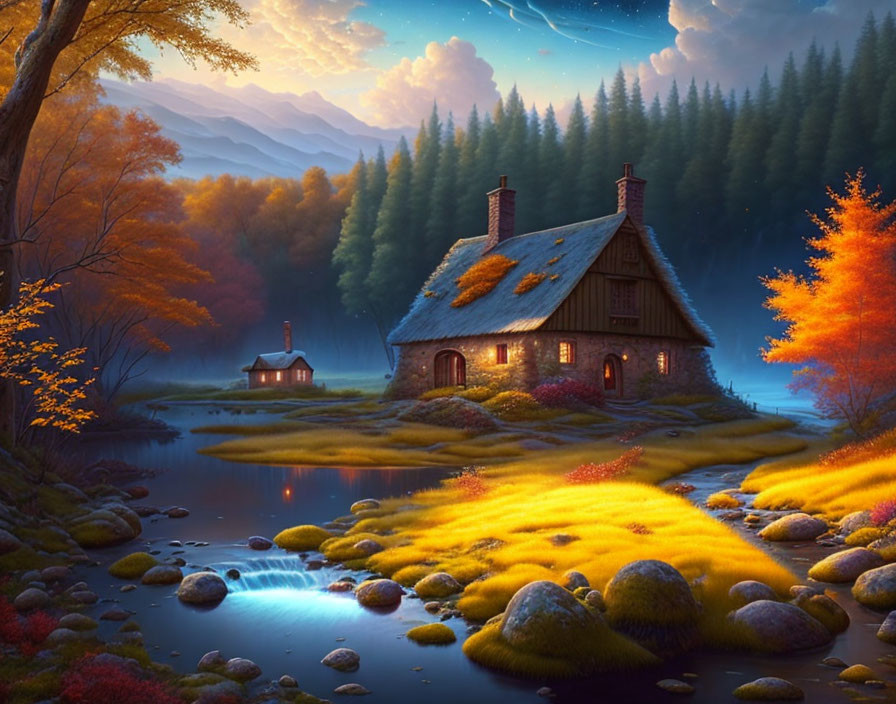 Thatched Roof Cottage by Stream in Autumn Forest at Twilight