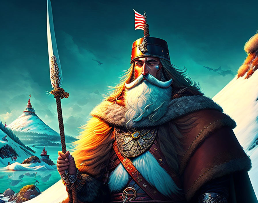 Illustration of Viking warrior with spear in snowy mountains