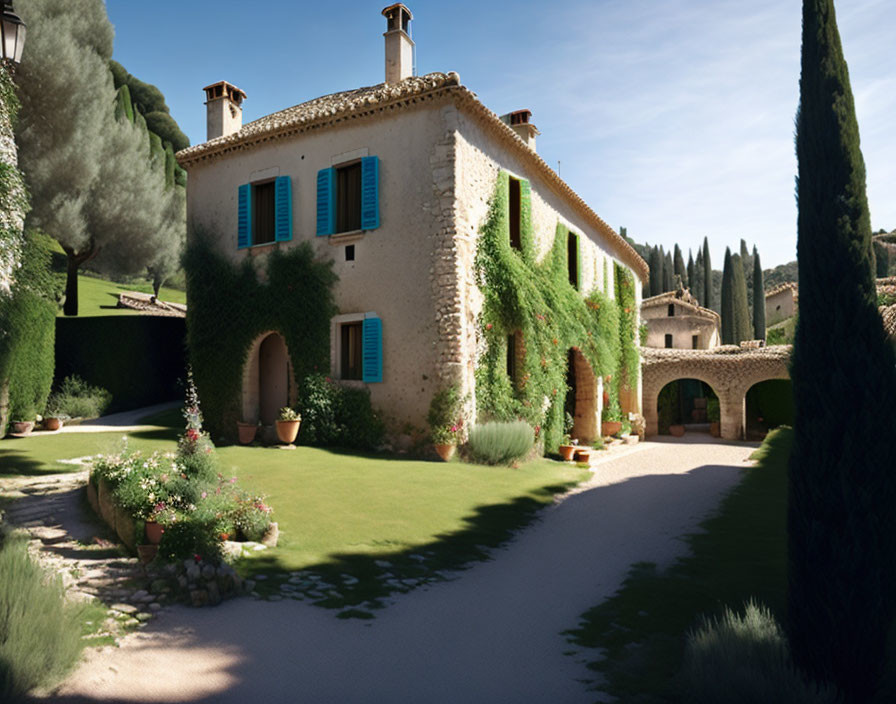 Tranquil villa with blue shutters in lush garden