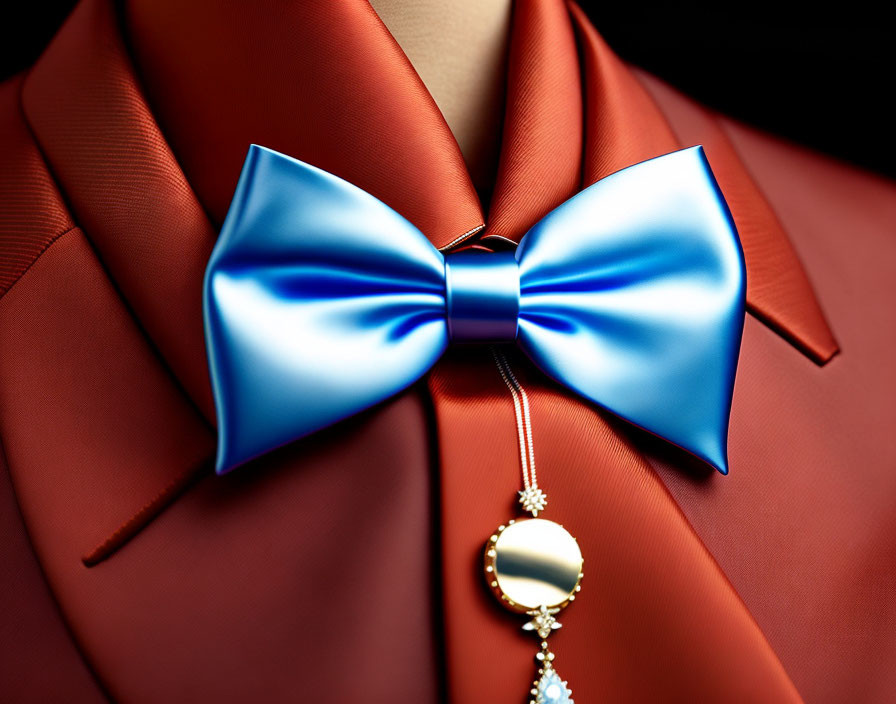 Blue Glossy Bow Tie on Terracotta-Red Shirt with Golden Pendant