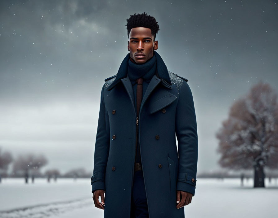 Stylish man in winter coat and scarf in snowy landscape