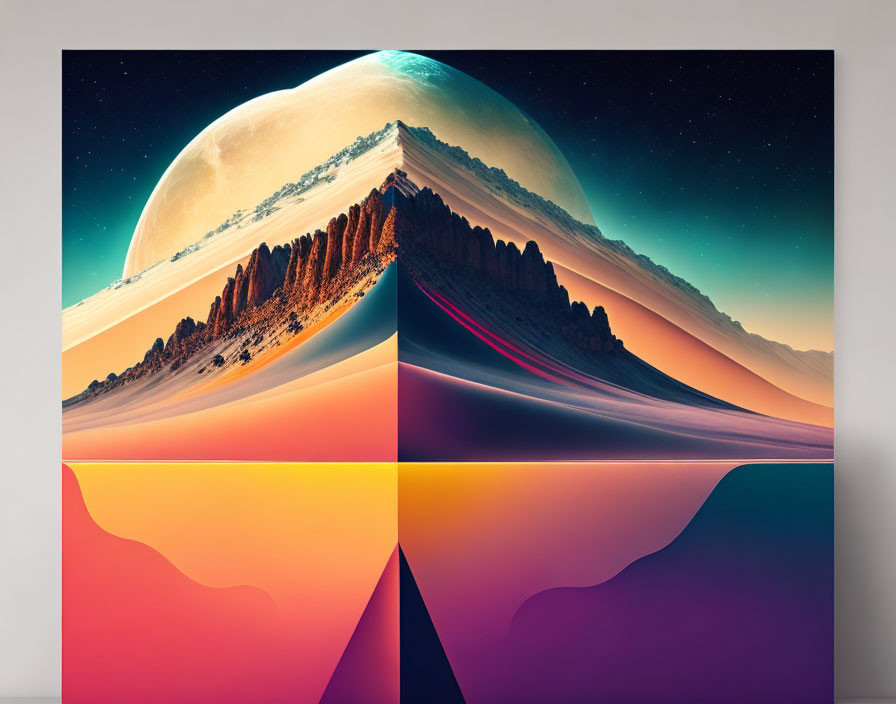 Surreal artwork: Large moon, layered mountains, warm to cool colors