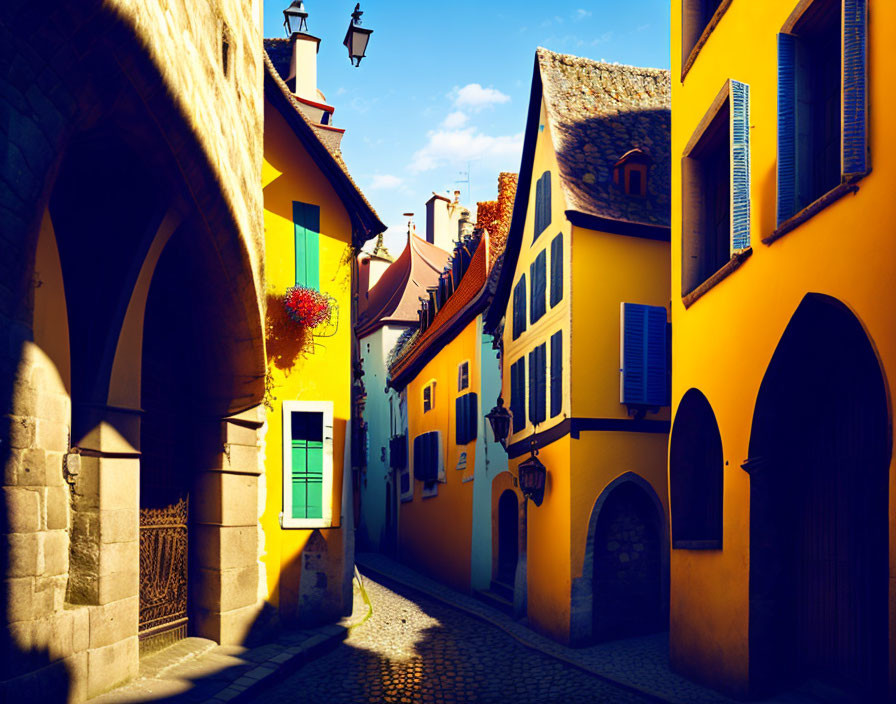 Traditional European Buildings on Sunlit Cobblestone Street