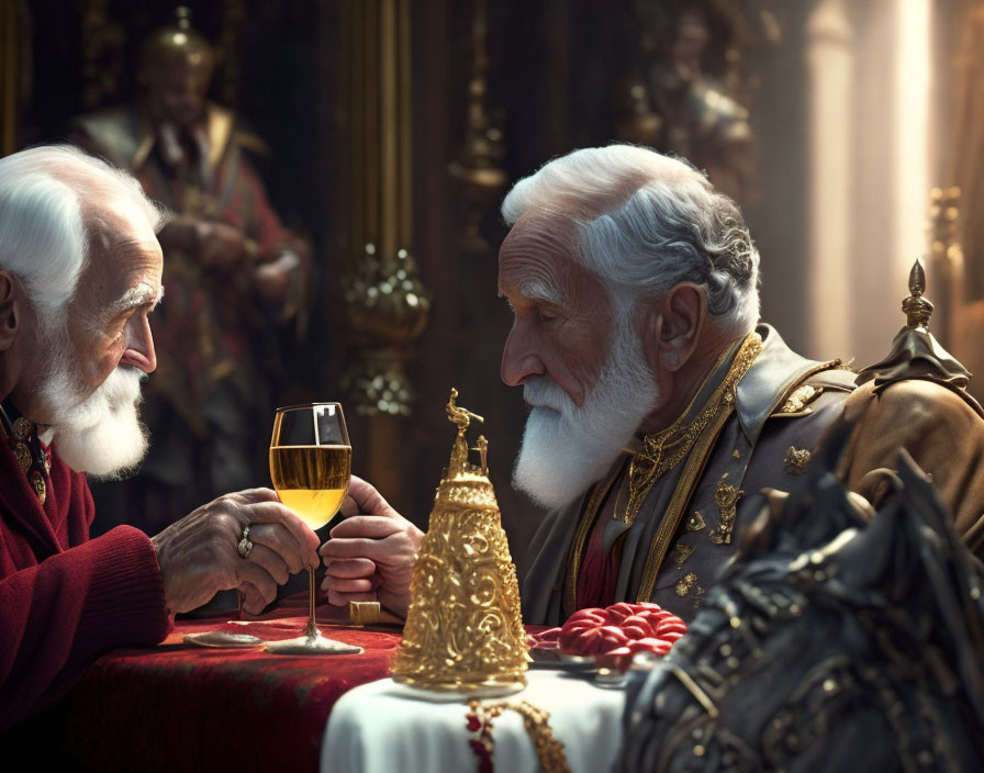 Elderly gentlemen in regal attire toasting with wine in luxurious room