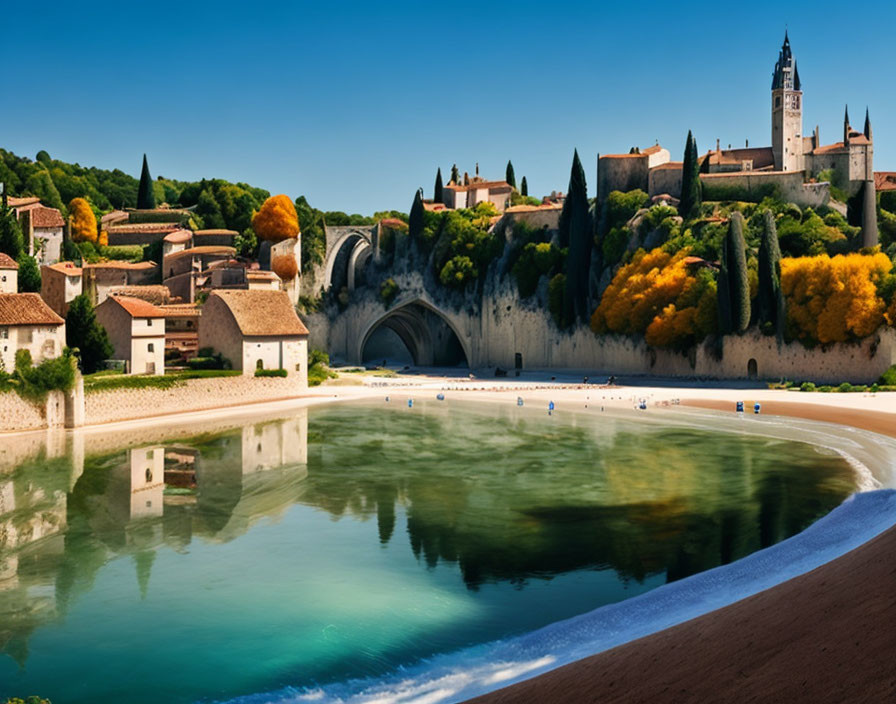 Historic hilltop town reflected in tranquil river