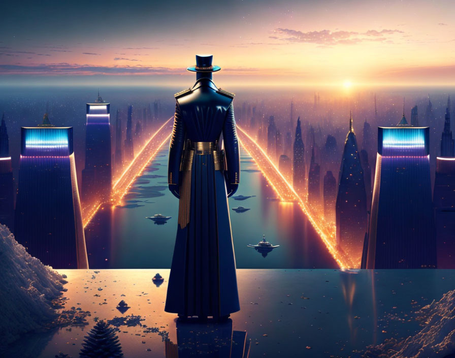 Silhouette of person with top hat against futuristic cityscape at sunrise