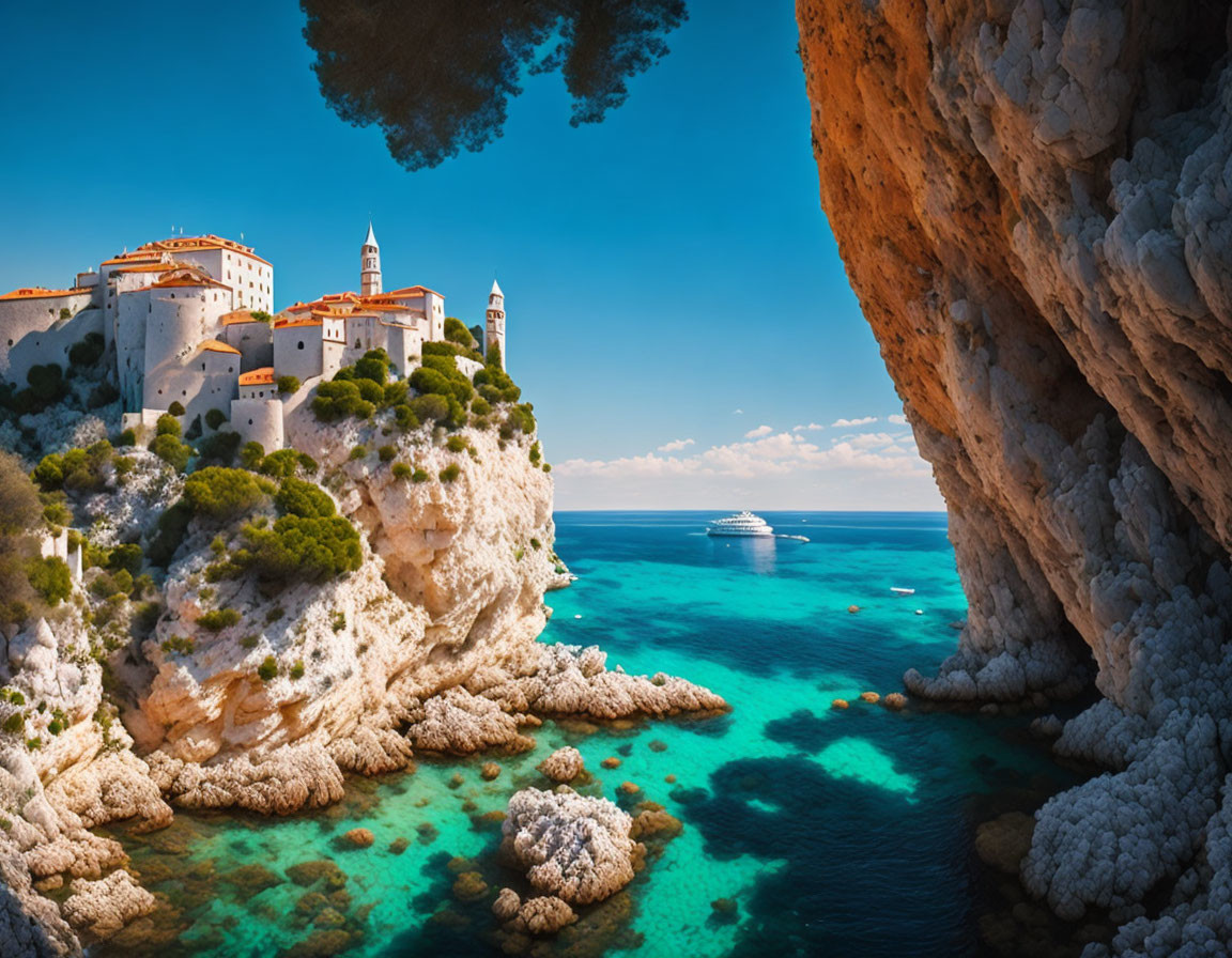 Cliff-side village overlooking azure waters and cruise ship