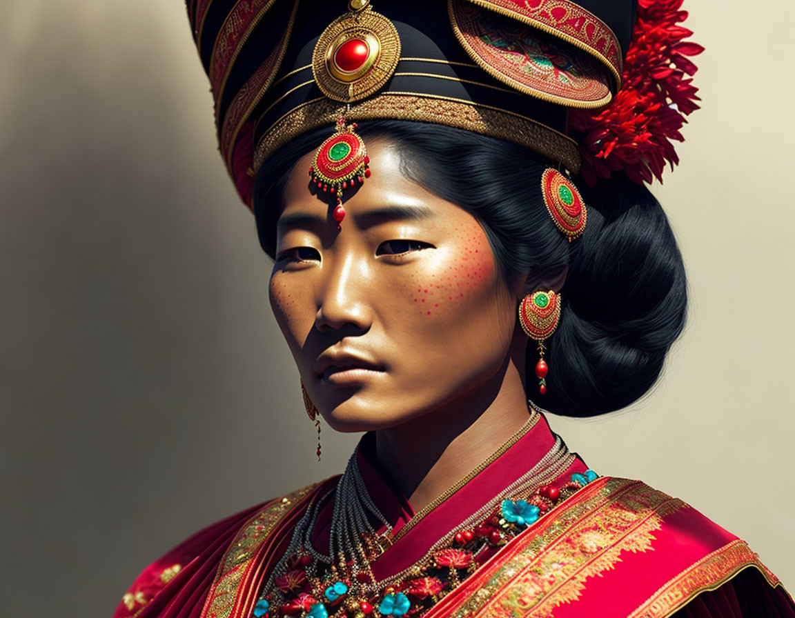 Traditional attire woman with ornate headdress and red accents